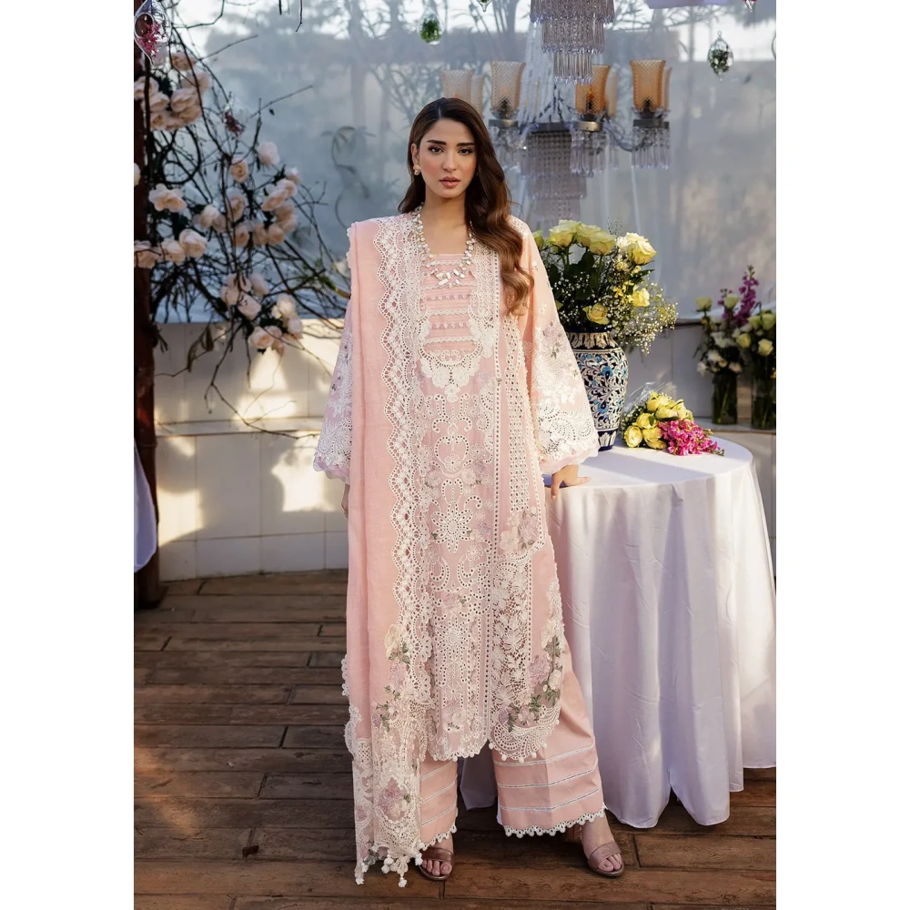 KAHF, luxury lawn 25’ , 3 PIECE SUIT , unstitched, lawn , peach color , KLR-02A, front