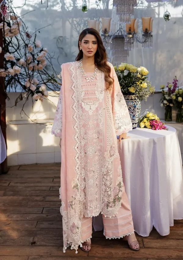 KAHF, luxury lawn 25’ , 3 PIECE SUIT , unstitched, lawn , peach color , KLR-02A, front