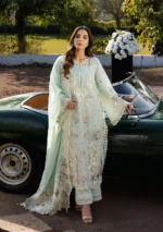 KAHF, luxury lawn 25’ , 3 PIECE SUIT , unstitched, lawn , aqua blue color , KLR-02B, front