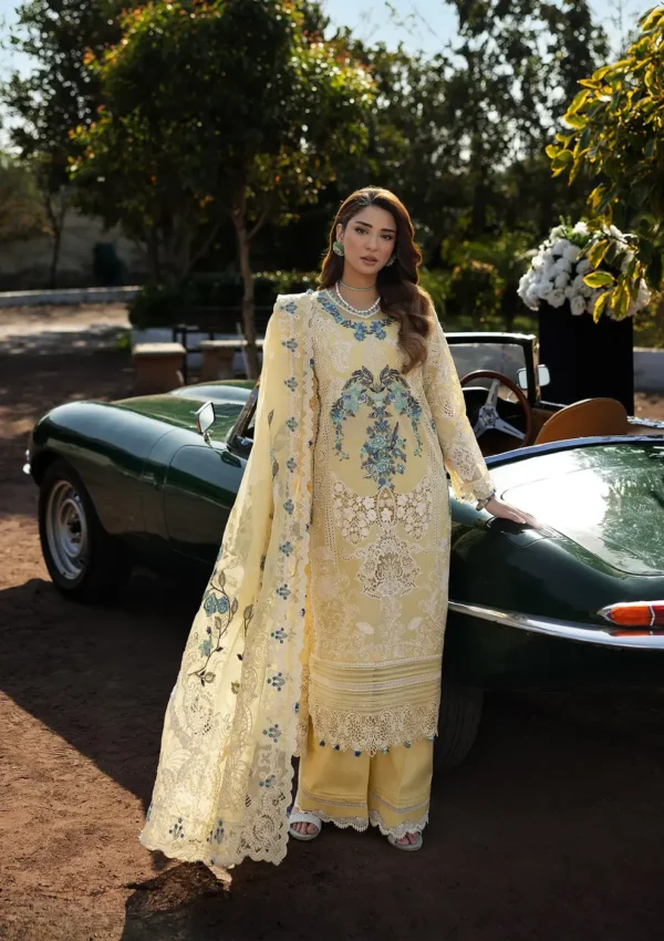 KAHF, luxury lawn 25’ , 3 PIECE SUIT , unstitched, lawn , lemon yellow color , KLR-03, front