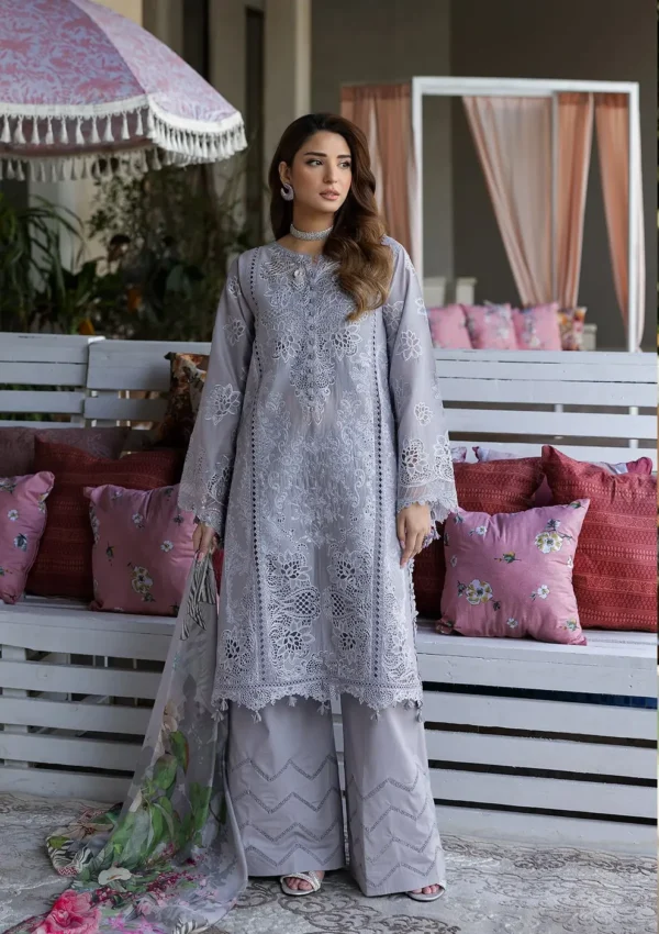 KAHF, luxury lawn 25’ , 3 PIECE SUIT , unstitched, lawn , grey color , KLR-04, front