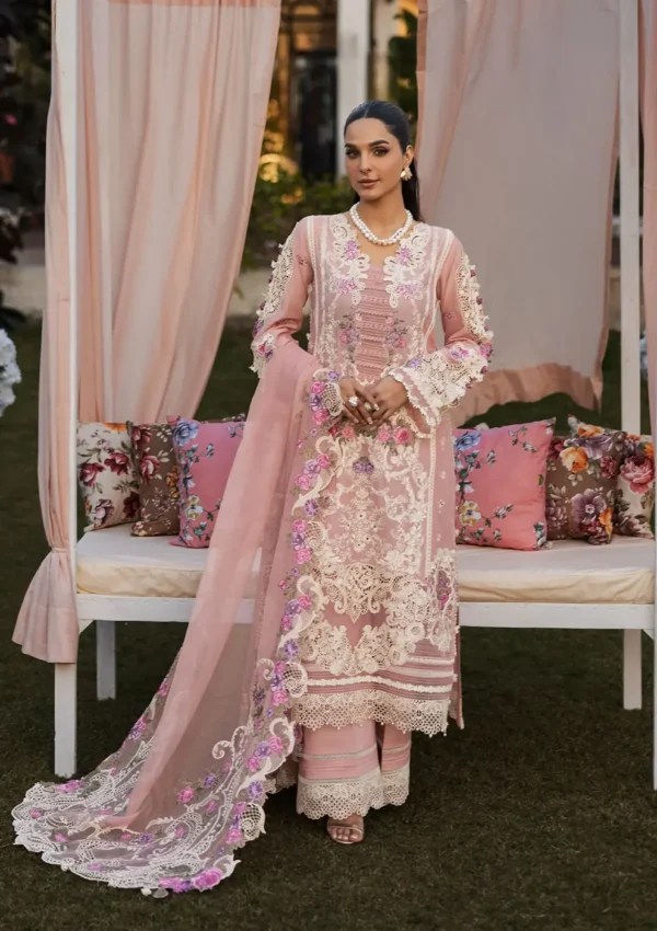 KAHF, luxury lawn 25’ , 3 PIECE SUIT , unstitched, lawn , TEA PINK color , KLR-09, front