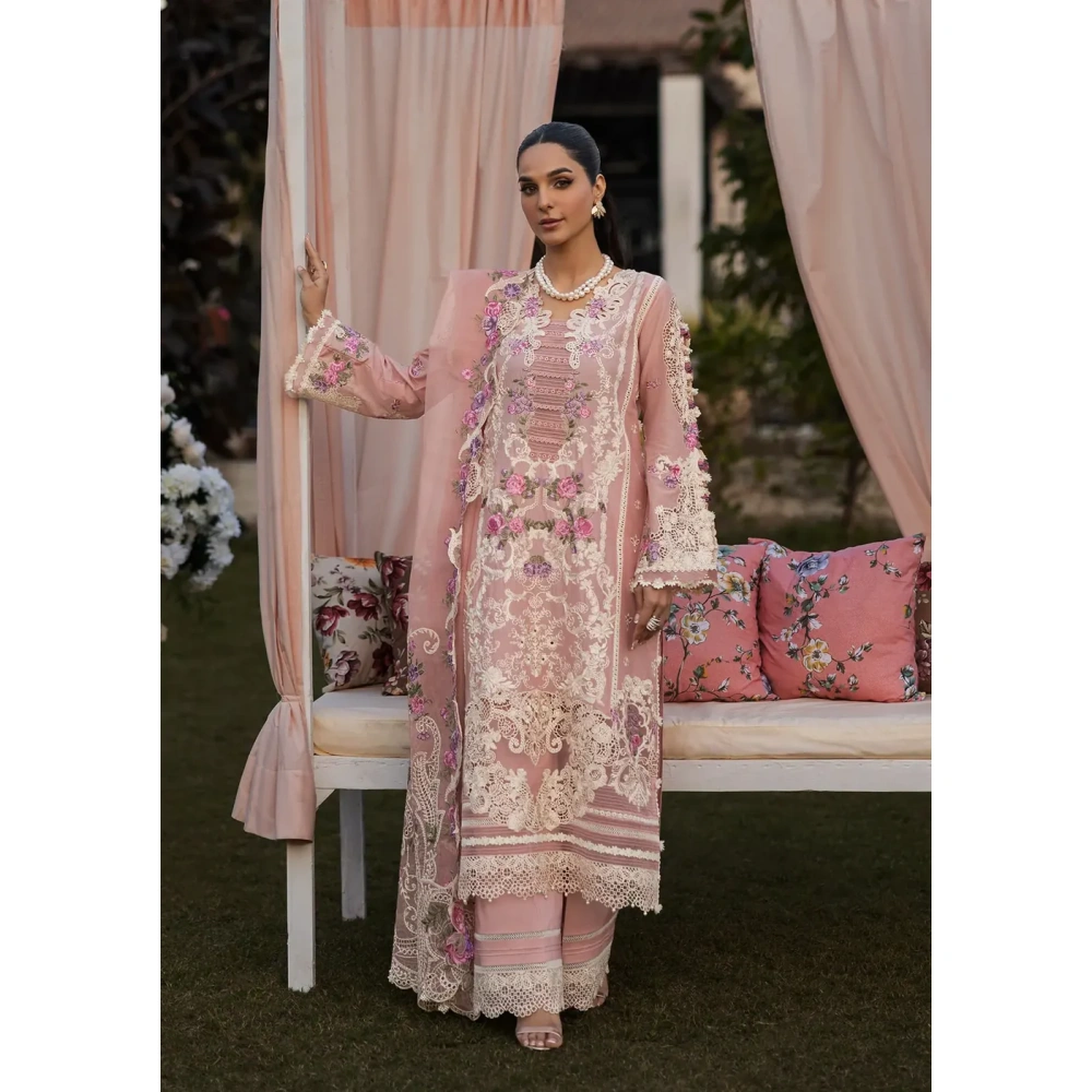 KAHF, luxury lawn 25’ , 3 PIECE SUIT , unstitched, lawn , TEA PINK color , KLR-09, front suit