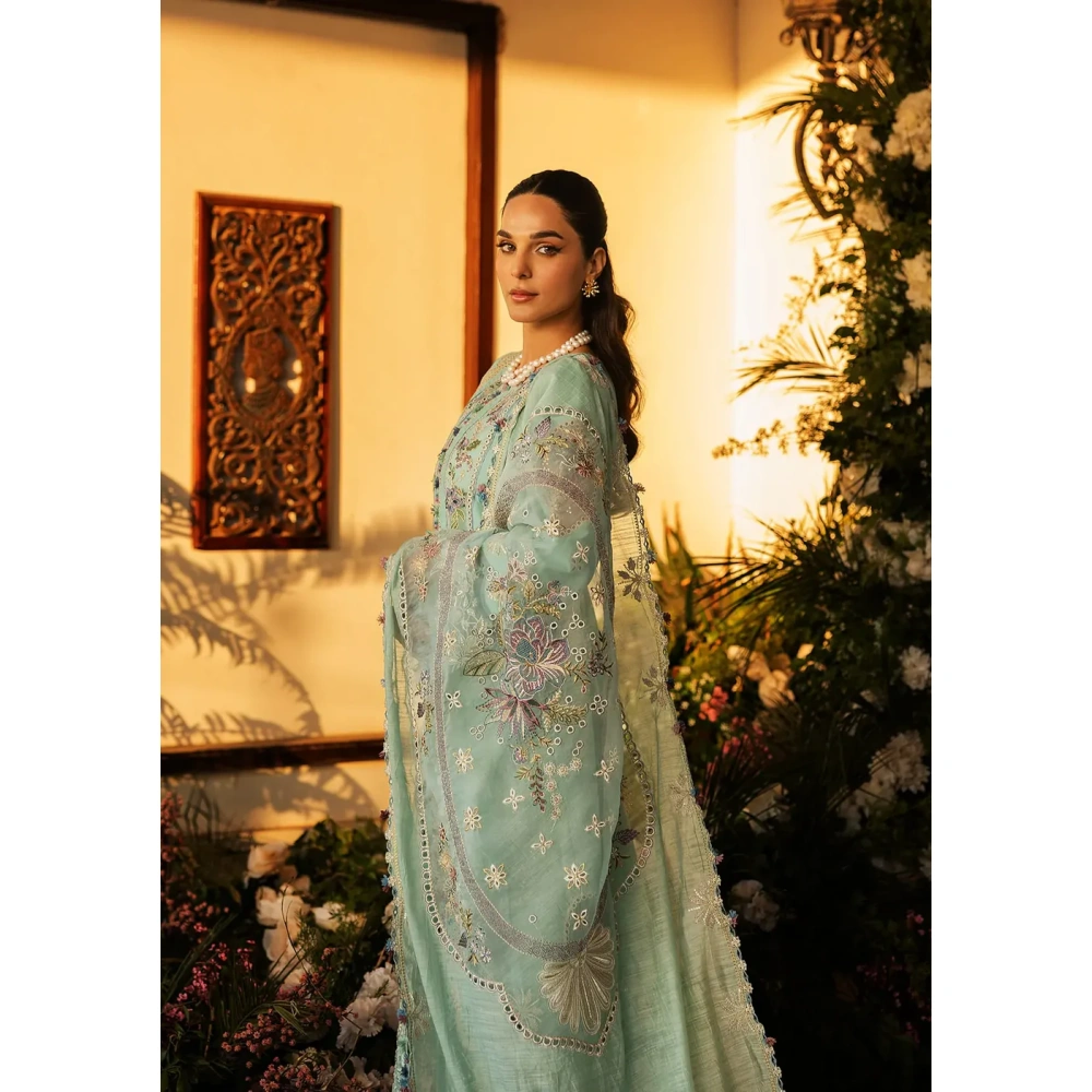 KAHF, luxury lawn 25’ , 3 PIECE SUIT , unstitched, lawn , sky blue color , KLR-10, dupatta
