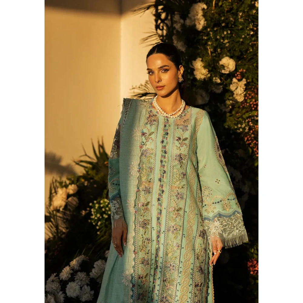 KAHF, luxury lawn 25’ , 3 PIECE SUIT , unstitched, lawn , sky blue color , KLR-10, front shirt