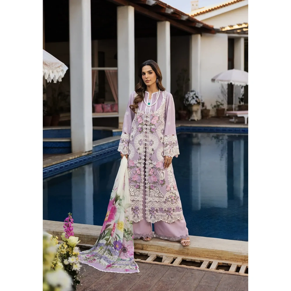 KAHF, luxury lawn 25’ , 3 PIECE SUIT , unstitched, lawn , lilac color , KLR-11, front