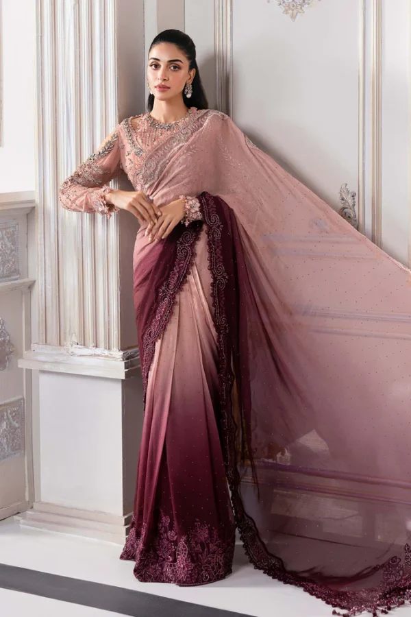 Pakistani clothing brands maria b new embroidered collection, unstitched chiffon saree or lehenga style with blouse, ash pink ombre colour, BD-3001, front style 1
