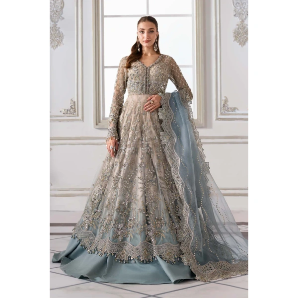 Pakistani clothing brands maria b new embroidered collection, unstitched chiffon suit, coffee to aqua colour, BD-3002, front