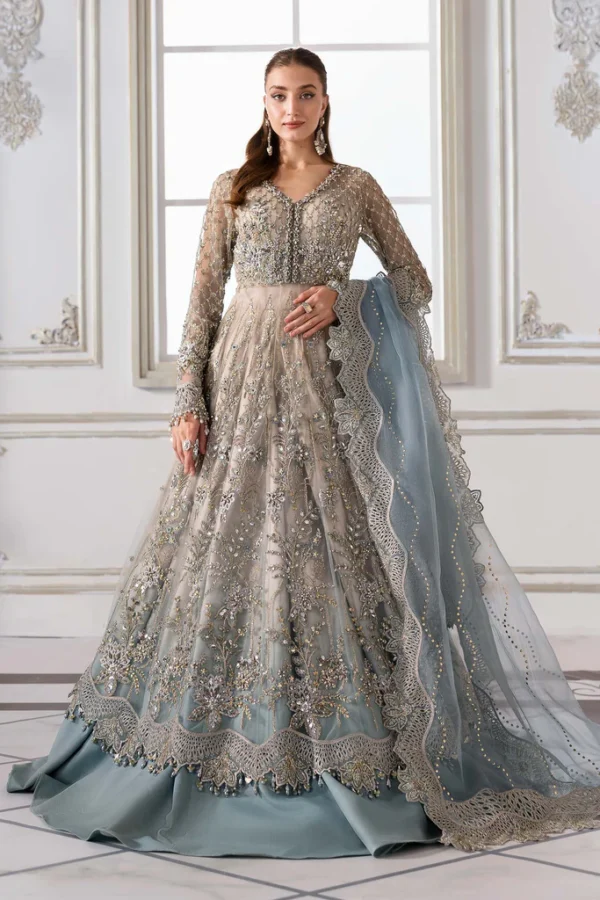 Pakistani clothing brands maria b new embroidered collection, unstitched chiffon suit, coffee to aqua colour, BD-3002, front