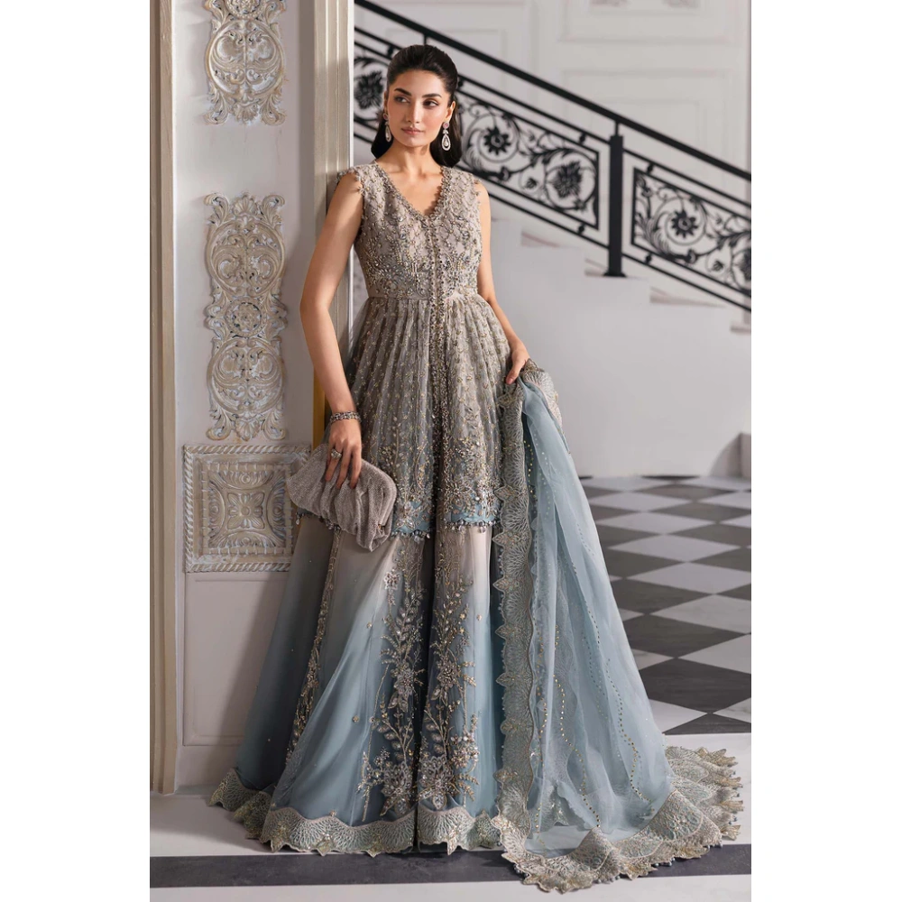 Pakistani clothing brands maria b new embroidered collection, unstitched chiffon suit, coffee to aqua colour, BD-3002, front shirt
