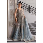 Pakistani clothing brands maria b new embroidered collection, unstitched chiffon suit, coffee to aqua colour, BD-3002, front shirt