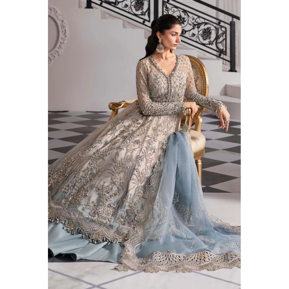 Pakistani clothing brands maria b new embroidered collection, unstitched chiffon suit, coffee to aqua colour, BD-3002, front shirt and dupatta