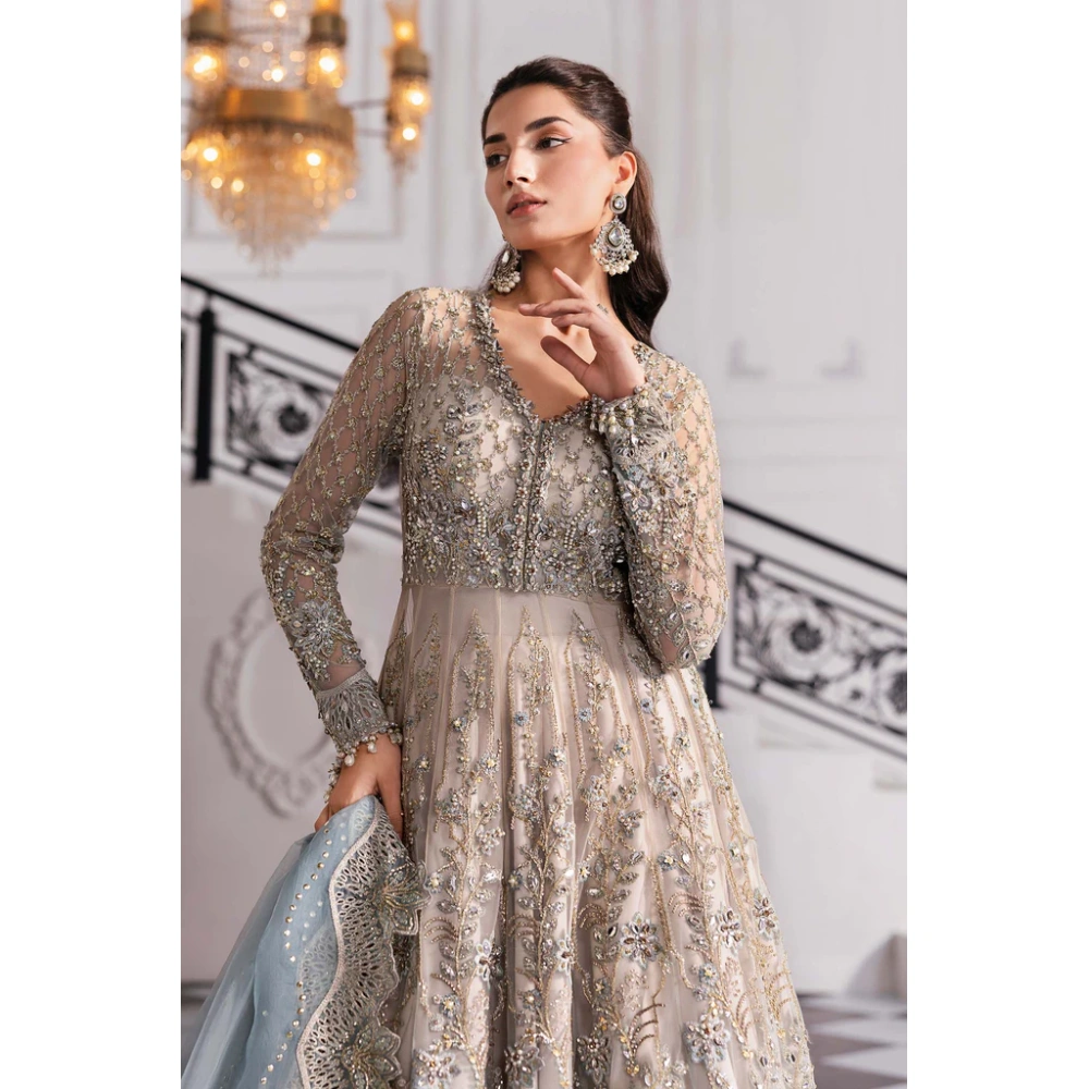 Pakistani clothing brands maria b new embroidered collection, unstitched chiffon suit, coffee to aqua colour, BD-3002, front shirt embroidery