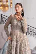Pakistani clothing brands maria b new embroidered collection, unstitched chiffon suit, coffee to aqua colour, BD-3002, front shirt embroidery