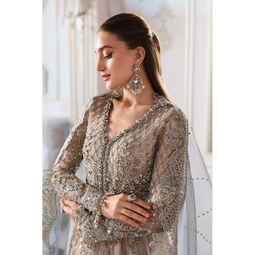 Pakistani clothing brands maria b new embroidered collection, unstitched chiffon suit, coffee to aqua colour, BD-3002, front top