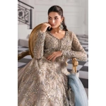 Pakistani clothing brands maria b new embroidered collection, unstitched chiffon suit, coffee to aqua colour, BD-3002, front embroidery