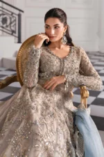 Pakistani clothing brands maria b new embroidered collection, unstitched chiffon suit, coffee to aqua colour, BD-3002, front embroidery