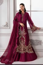 Pakistani clothing brands maria b new embroidered collection, unstitched chiffon suit, magenta colour, BD-3003, front