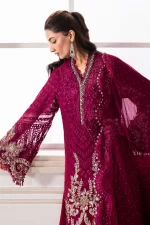 Pakistani clothing brands maria b new embroidered collection, unstitched chiffon suit, magenta colour, BD-3003, front sleeves, daman