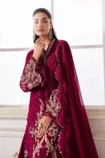 Pakistani clothing brands maria b new embroidered collection, unstitched chiffon suit, magenta colour, BD-3003, sleeves style