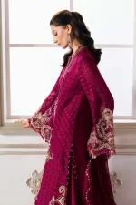 Pakistani clothing brands maria b new embroidered collection, unstitched chiffon suit, magenta colour, BD-3003, sleeves