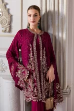 Pakistani clothing brands maria b new embroidered collection, unstitched chiffon suit, magenta colour, BD-3003, front shirt style