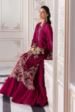 Pakistani clothing brands maria b new embroidered collection, unstitched chiffon suit, magenta colour, BD-3003, shirt with lehenga