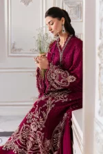 Pakistani clothing brands maria b new embroidered collection, unstitched chiffon suit, magenta colour, BD-3003, shirt