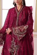 Pakistani clothing brands maria b new embroidered collection, unstitched chiffon suit, magenta colour, BD-3003, front shirt and sleeves embroidery