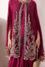 Pakistani clothing brands maria b new embroidered collection, unstitched chiffon suit, magenta colour, BD-3003, front shirt embroidery