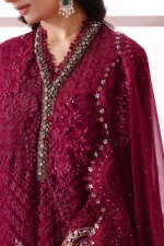 Pakistani clothing brands maria b new embroidered collection, unstitched chiffon suit, magenta colour, BD-3003, front neck and dupatta