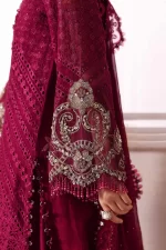 Pakistani clothing brands maria b new embroidered collection, unstitched chiffon suit, magenta colour, BD-3003, sleeves embroidery