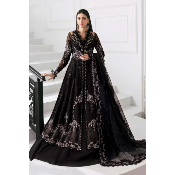 Pakistani clothing brands maria b new embroidered collectionel, 3 piece organza suit, black colour, BD-3004, front