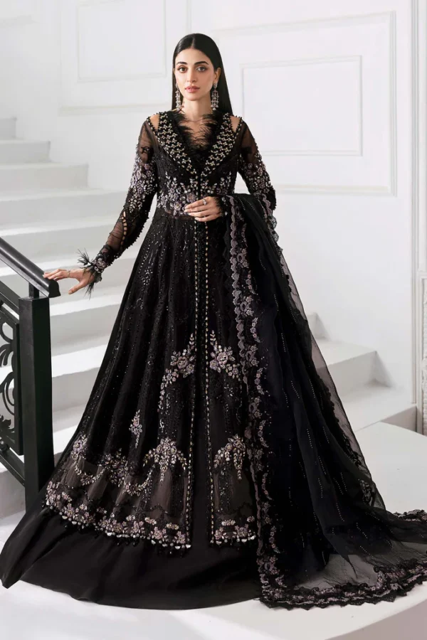 Pakistani clothing brands maria b new embroidered collectionel, 3 piece organza suit, black colour, BD-3004, front