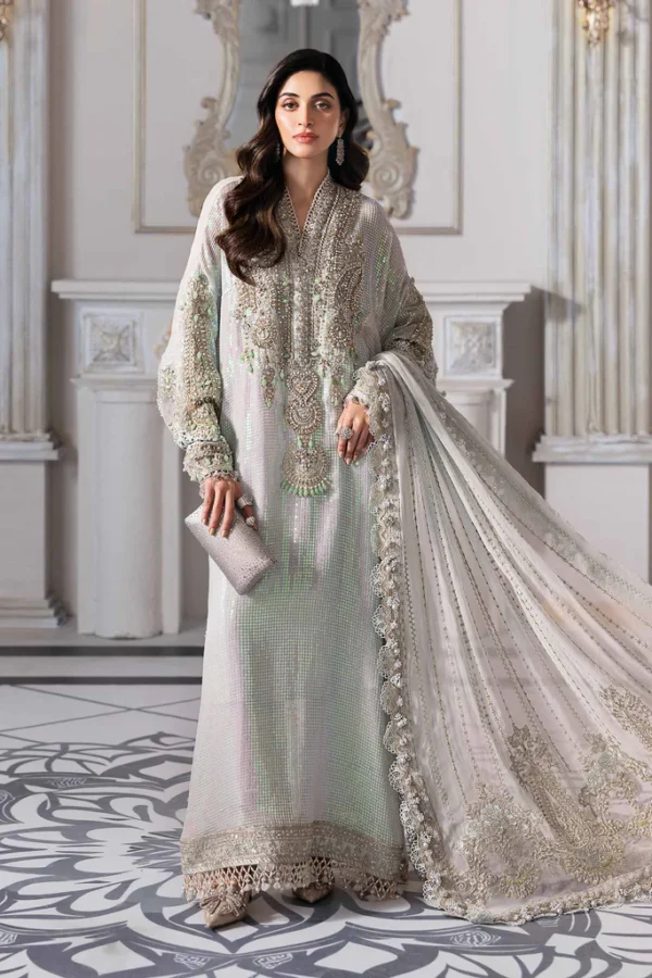 Pakistani clothing brands maria b new embroidered collection, 3 piece chiffon suit, saree, ice blue colour, BD-3005, front look