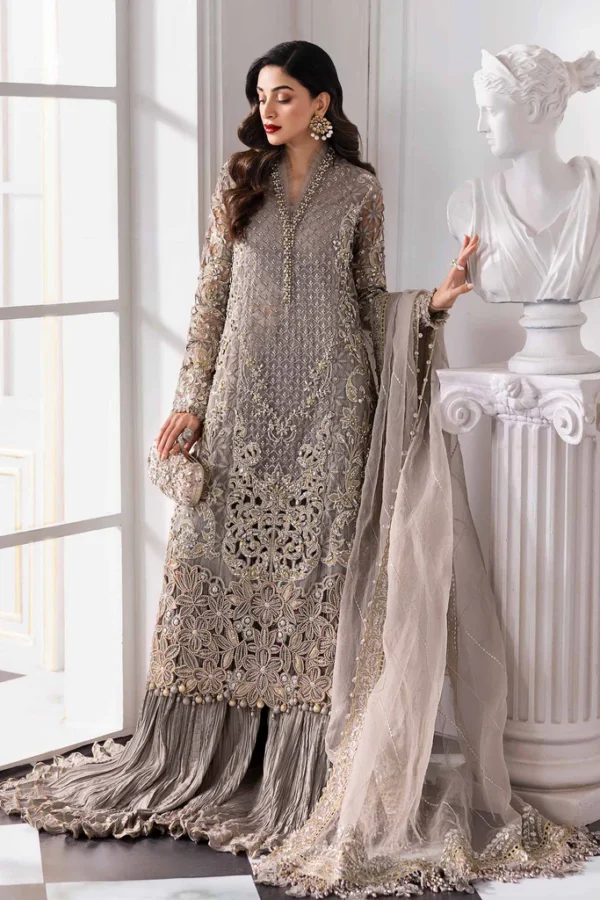 Pakistani clothing brands maria b new embroidered collection, 3 piece chiffon suit, steel grey colour, BD-3006, front style 1