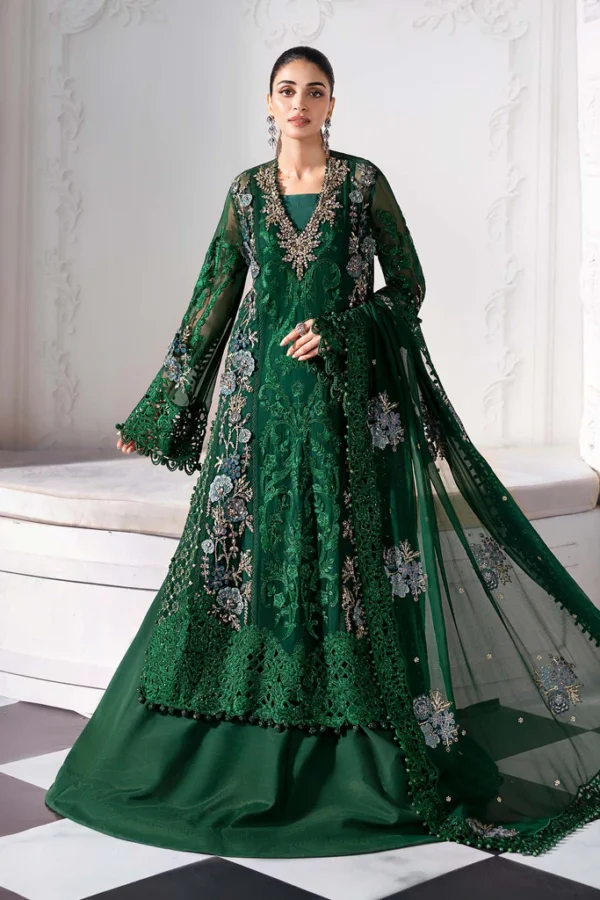 Pakistani clothing brands maria b new embroidered collection, 3 piece chiffon suit, emerald green, BD-3008, front