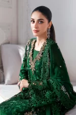 Pakistani clothing brands maria b new embroidered collection, 3 piece chiffon suit, emerald green, BD-3008, neck style