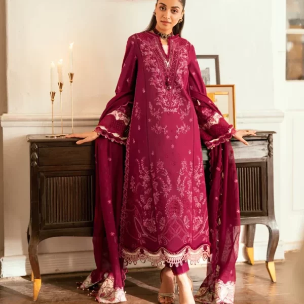 Pakistani clothing brands qalamkar luxury lawn eid edit collection 2025, unstitched 3 piece suit, sb-01, front suit