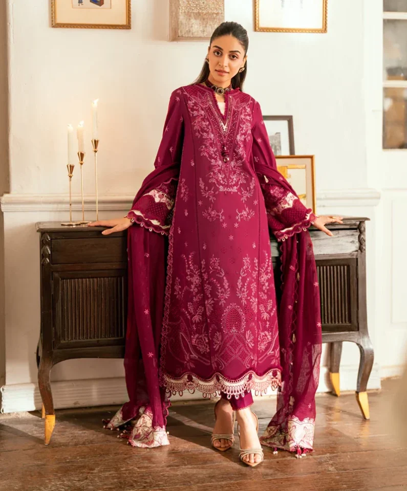 Pakistani clothing brands qalamkar luxury lawn eid edit collection 2025, unstitched 3 piece suit, sb-01, front suit