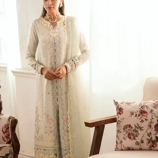Pakistani clothing brands qalamkar luxury lawn eid edit collection 2025, unstitched 3 piece suit, sb-08 rimsha, front