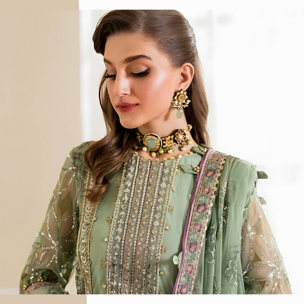Iznik luxury Pakistani designer dress with intricate zari and thread embroidery on premium net and chiffon – now in the UK.