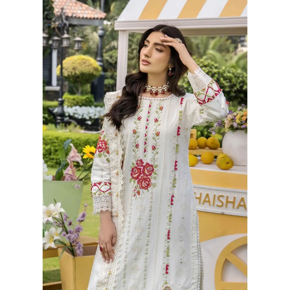 Pakistani clothing brands eshaisha festive lawn embroidered collection 2025, unstitched 3 piece embroidered suit, EA-LL-5540, front