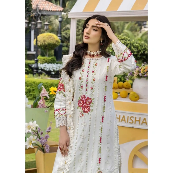 Pakistani clothing brands eshaisha festive lawn embroidered collection 2025, unstitched 3 piece embroidered suit, EA-LL-5540, front