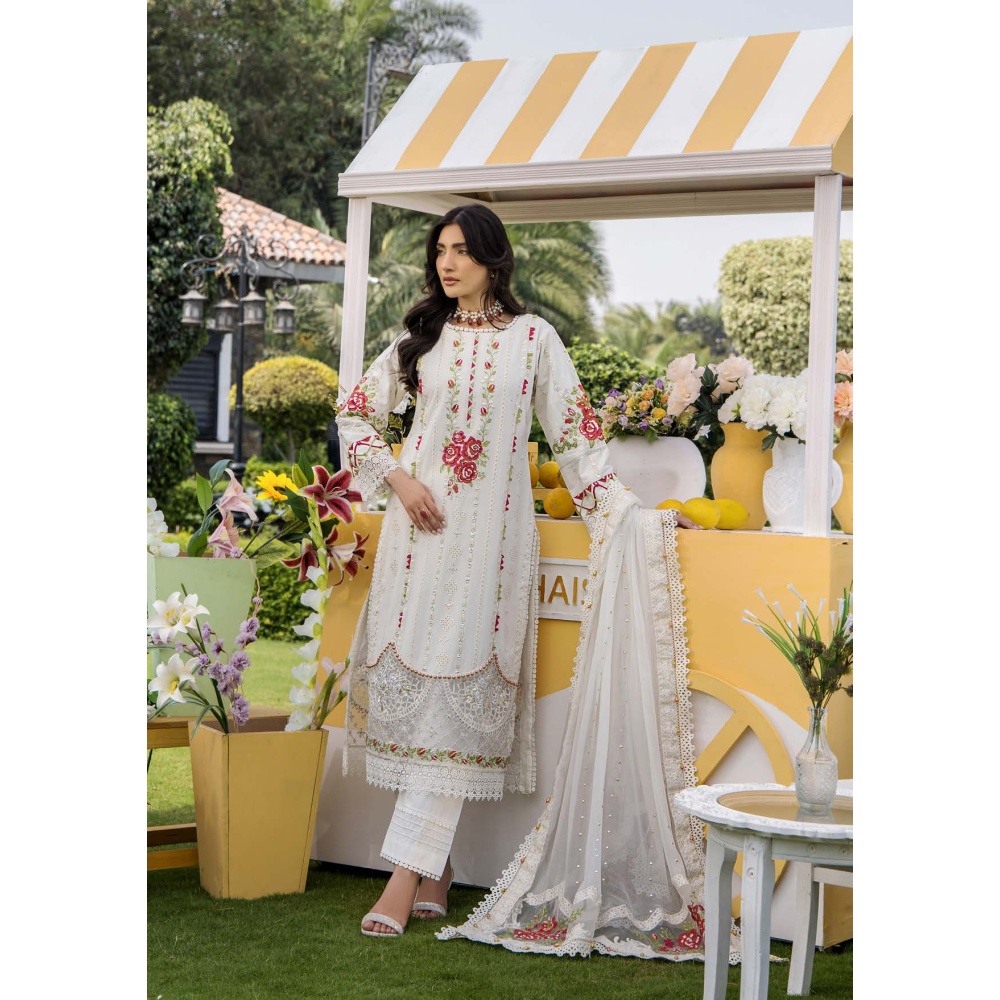Pakistani clothing brands eshaisha festive lawn embroidered collection 2025, unstitched 3 piece embroidered suit, EA-LL-5540, salwar, kameez & dupatta