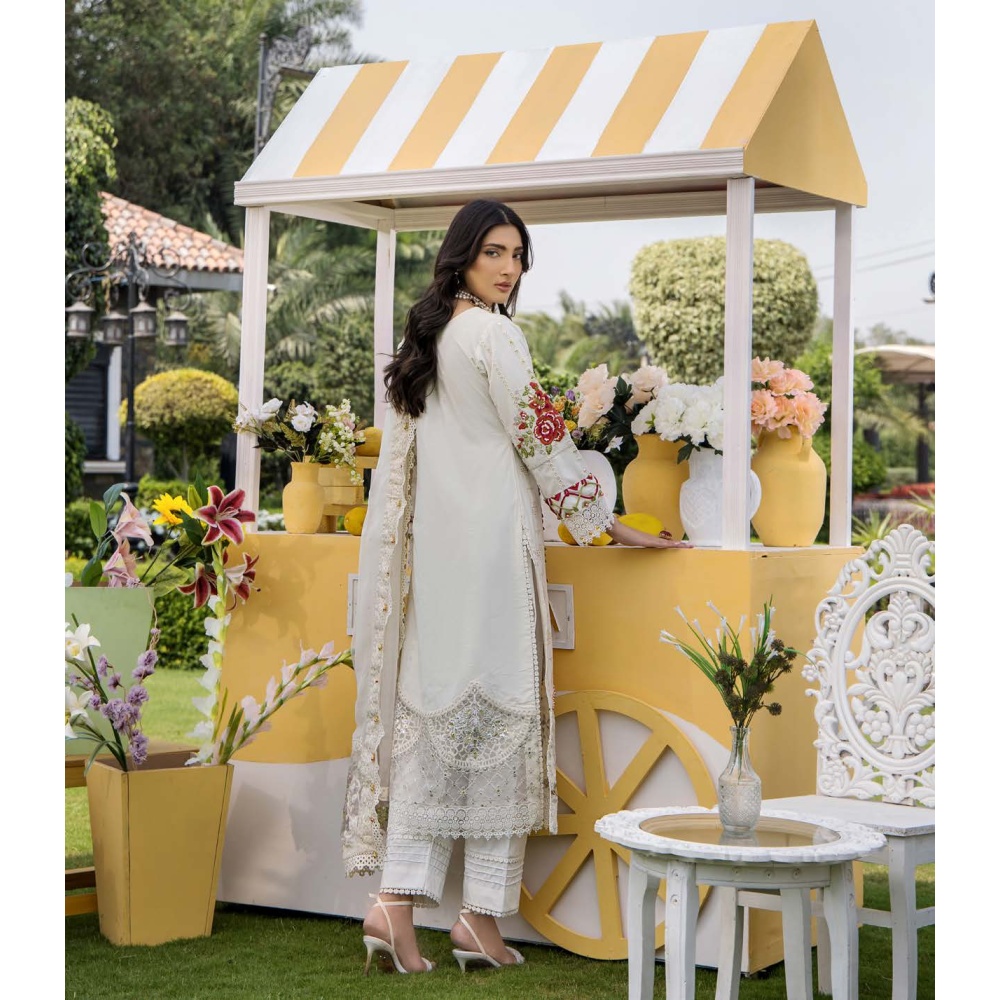 Pakistani clothing brands eshaisha festive lawn embroidered collection 2025, unstitched 3 piece embroidered suit, EA-LL-5540, back
