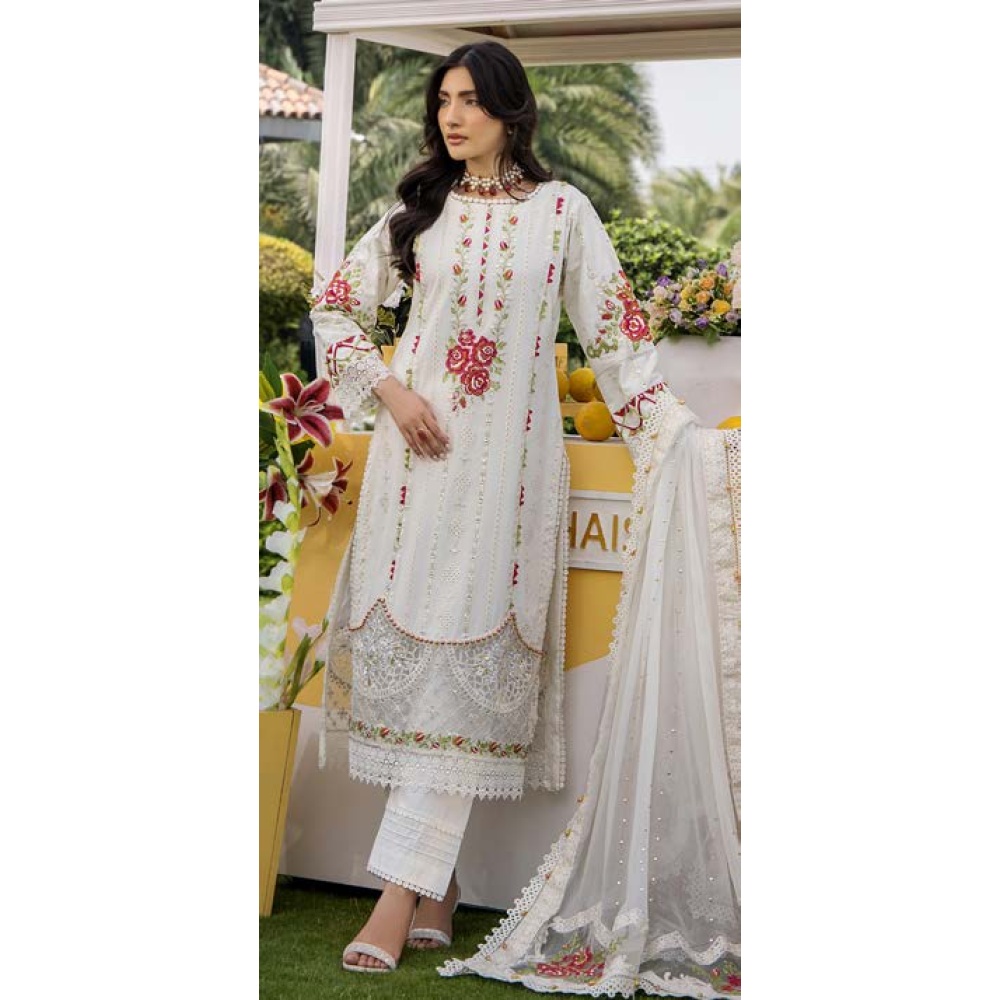 Pakistani clothing brands eshaisha festive lawn embroidered collection 2025, unstitched 3 piece embroidered suit, EA-LL-5540, front closeup