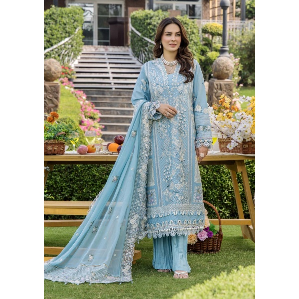 Pakistani clothing brands eshaisha festive lawn embroidered collection 2025, unstitched 3 piece embroidered suit, EA-LL-5541, front