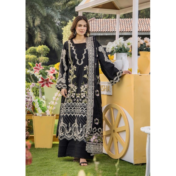 Pakistani clothing brands eshaisha festive lawn embroidered collection 2025, unstitched 3 piece embroidered suit, EA-LL-5542, salwar, kameez and dupatta