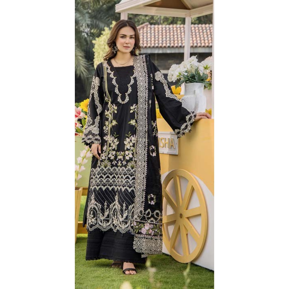 Pakistani clothing brands eshaisha festive lawn embroidered collection 2025, unstitched 3 piece embroidered suit, EA-LL-5542, front closeup